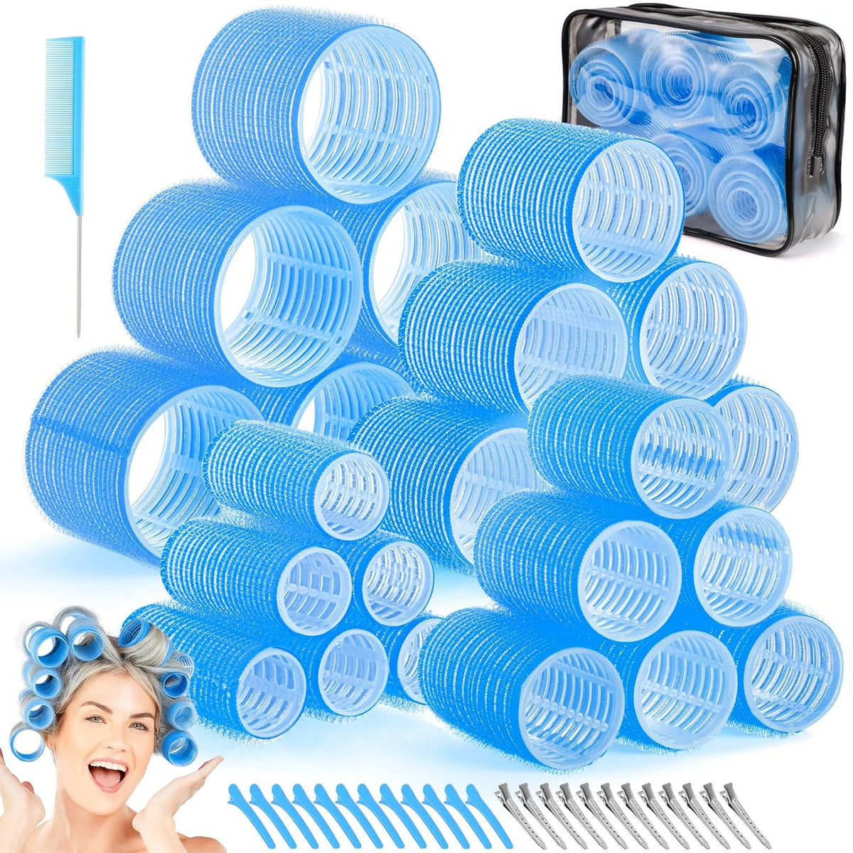 Blue 50-Piece Professional Hair Roller Set - Multi-Size Self-Grip Velcro Rollers with Clips and Tail Comb - Complete Heatless Styling Kit for Voluminous Curls and Air Bangs