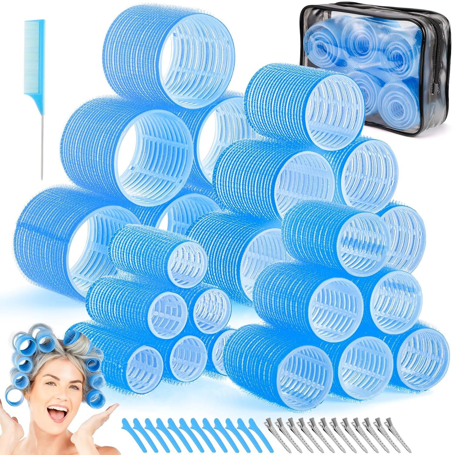 Blue 50-Piece Professional Hair Roller Set - Multi-Size Self-Grip Velcro Rollers with Clips and Tail Comb - Complete Heatless Styling Kit for Voluminous Curls and Air Bangs