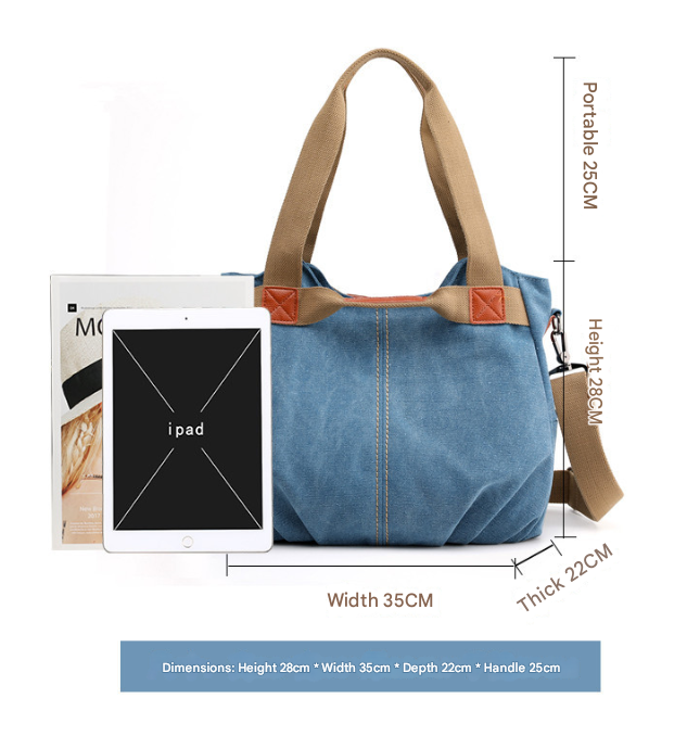 Light Blue Women's Retro Canvas Tote Bag Large Capacity Shoulder Handbag Adjustable Crossbody Strap 35cm for Travel Work & Daily Use
