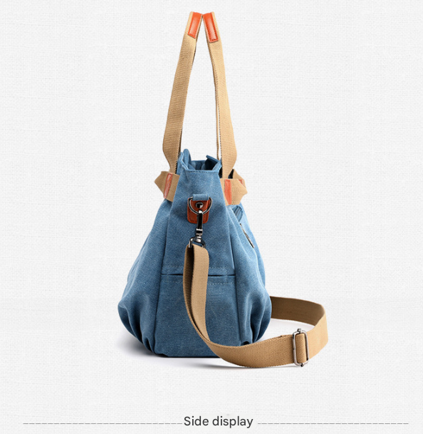 Light Blue Women's Retro Canvas Tote Bag Large Capacity Shoulder Handbag Adjustable Crossbody Strap 35cm for Travel Work & Daily Use