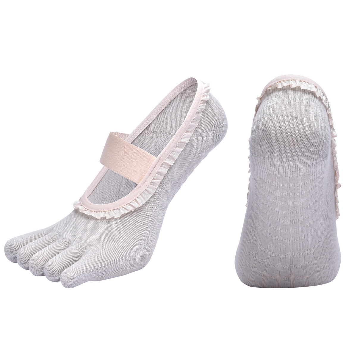 Grey 2pcs Women's 5-Finger Ballet Style Yoga Socks - Non-Slip Grip Pilates &amp; Dance Socks with Elegant Lace Trim and Elastic Cross Strap