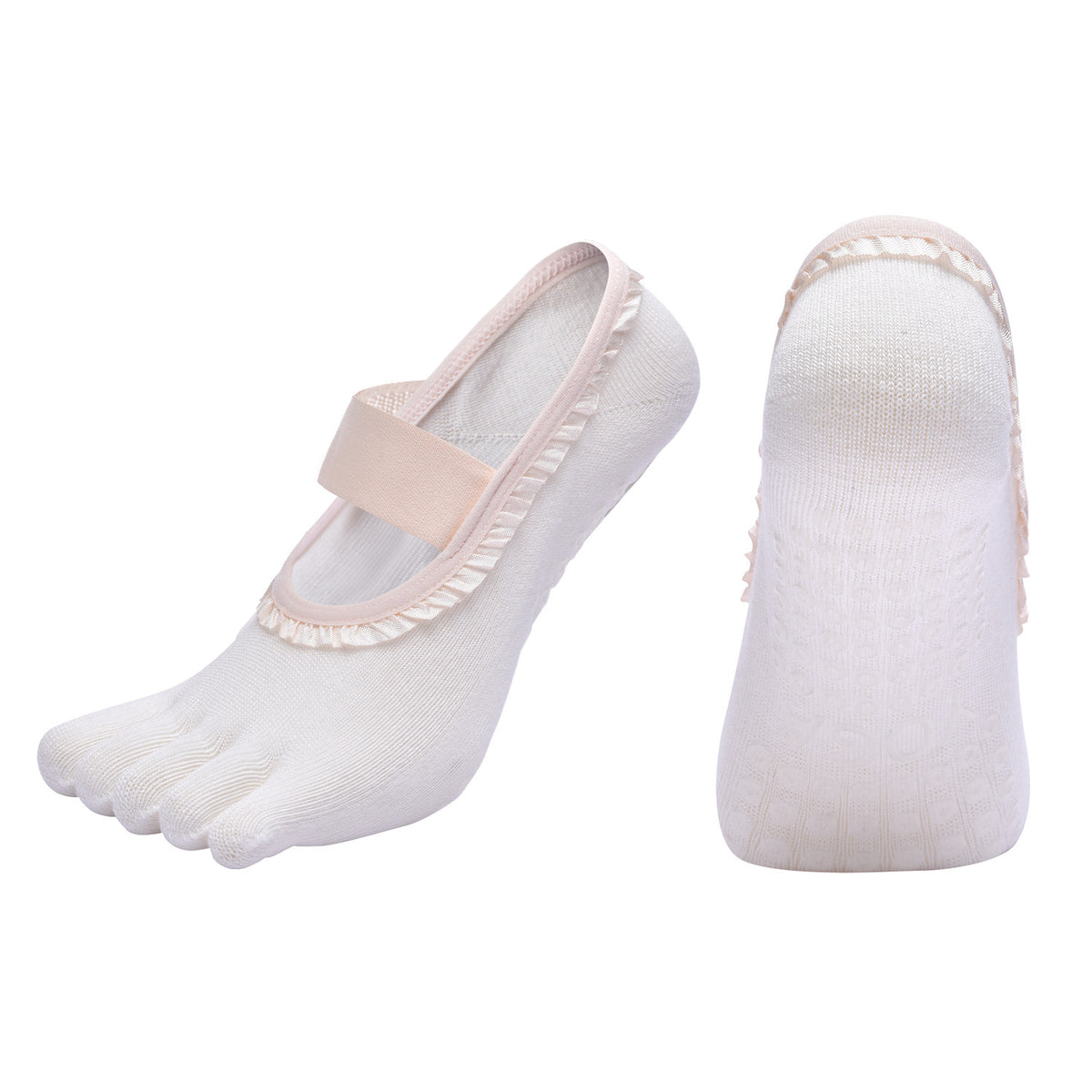 White 2pcs Women's 5-Finger Ballet Style Yoga Socks - Non-Slip Grip Pilates &amp; Dance Socks with Elegant Lace Trim and Elastic Cross Strap