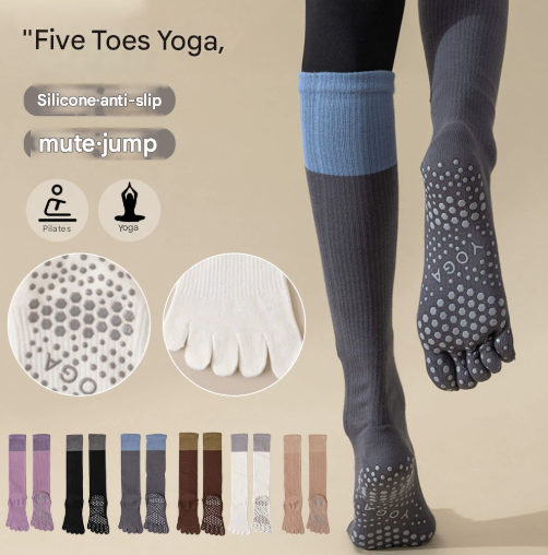Grey 2PCS Women's Professional Five-Finger Compression Calf Socks - High-Performance Knee-High Non-Slip Grip Socks for Yoga, Running, and Fitness