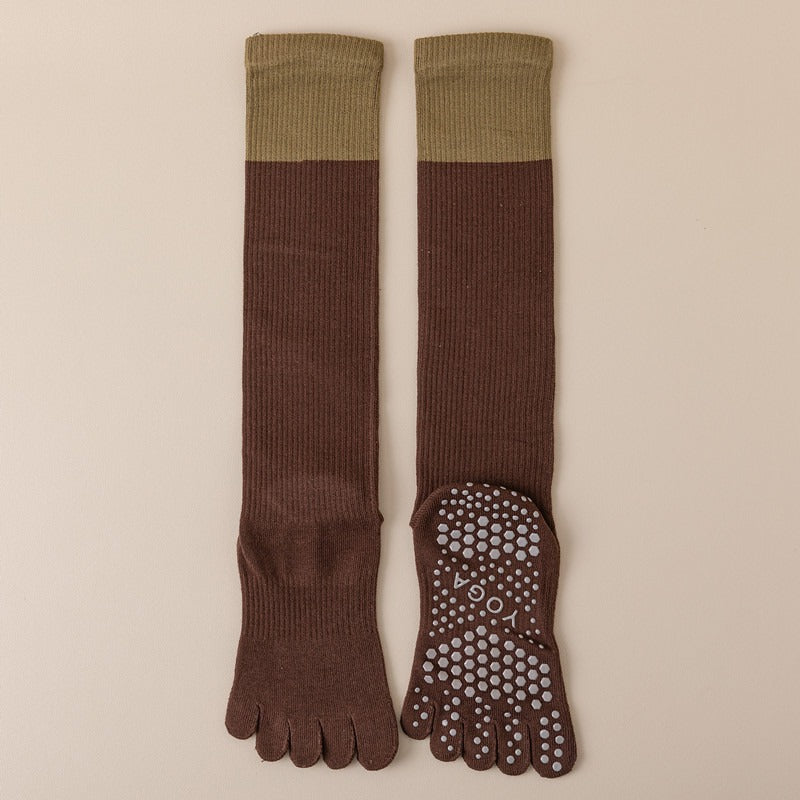 Coffee 2PCS Women's Professional Five-Finger Compression Calf Socks - High-Performance Knee-High Non-Slip Grip Socks for Yoga, Running, and Fitness