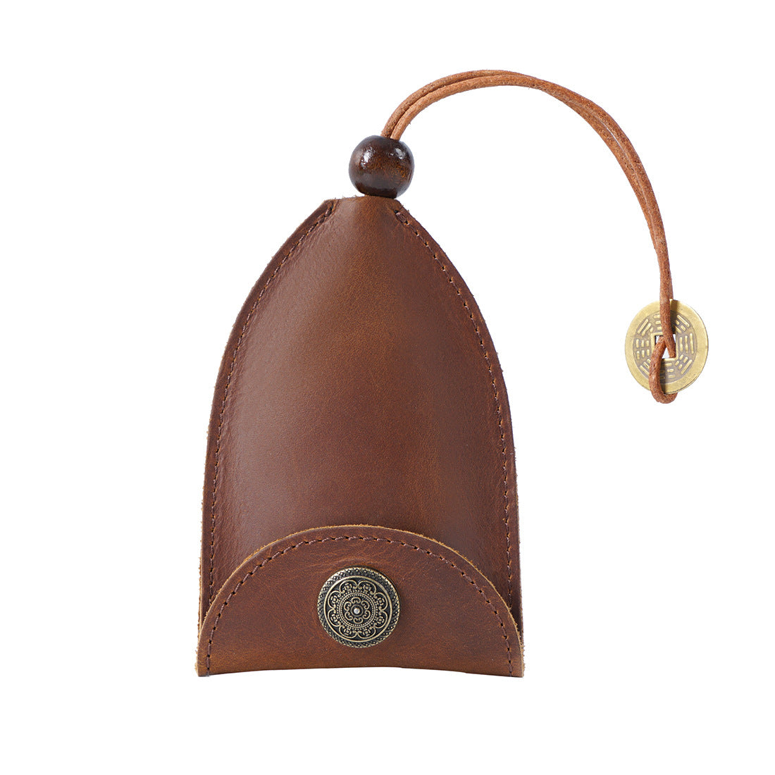 Brown Vintage Crazy Horse Leather Key Organizer - Handmade Pull-Out Car Key Case &amp; Home Key Holder with Retro Coin Charm