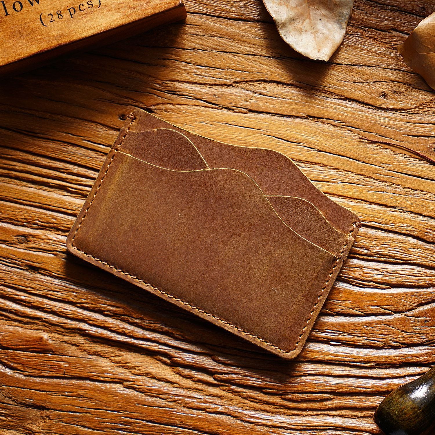 Brown Minimalist Slim Crazy Horse Leather Card Holder - Vintage Handcrafted Top Grain Cowhide Wallet and ID Case for Men