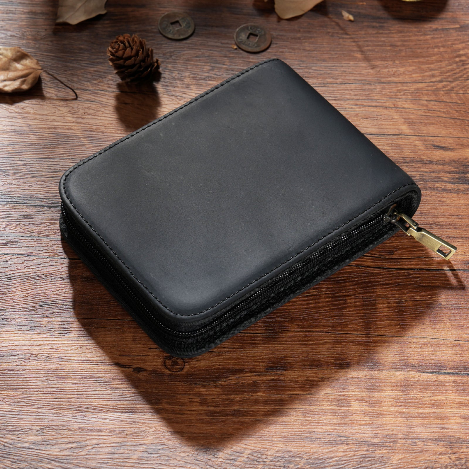 Black 12-Slot Genuine Crazy Horse Leather Fountain Pen Case - Handcrafted Large Capacity Zippered Pen Organizer & Stationery Pouch