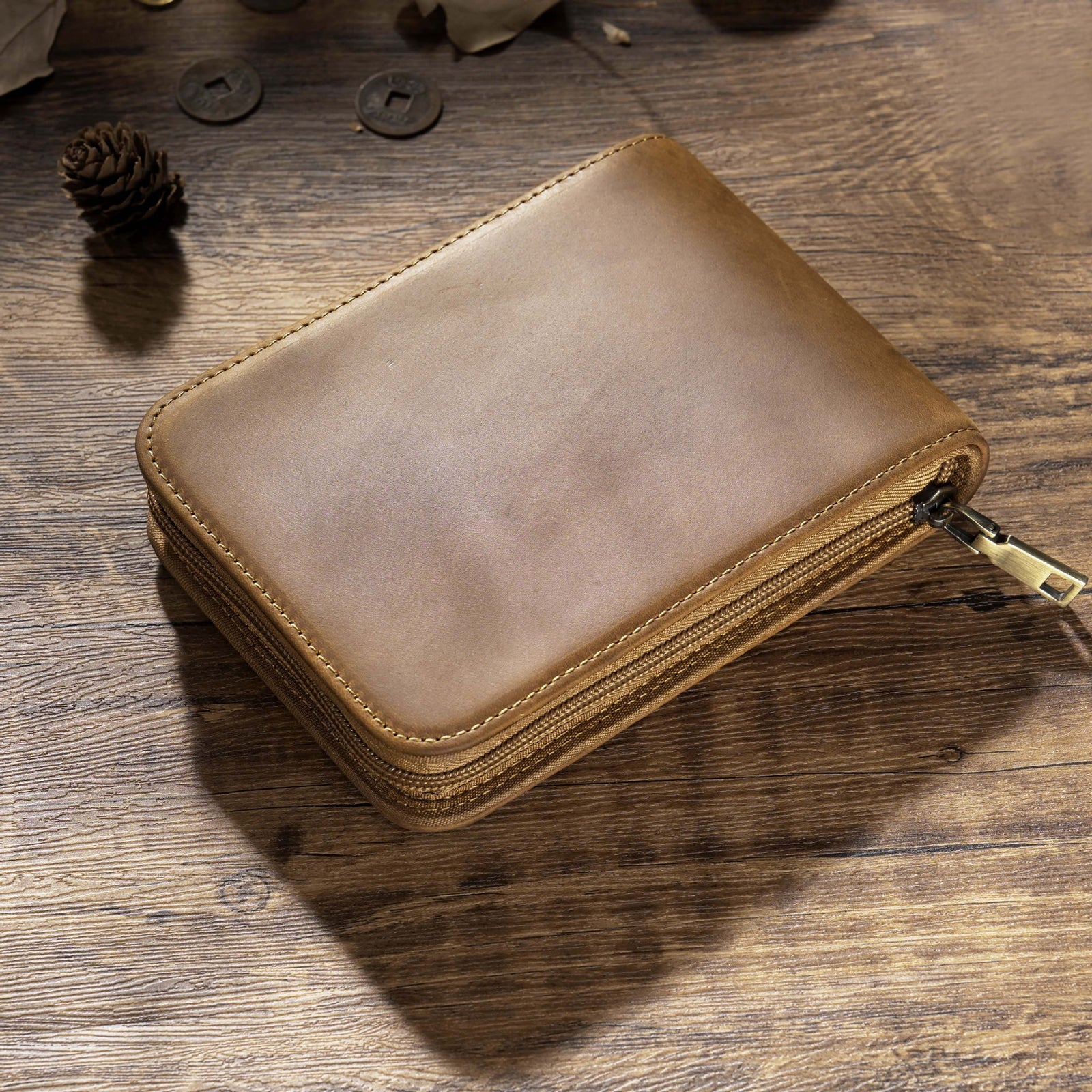 Brown 12-Slot Genuine Crazy Horse Leather Fountain Pen Case - Handcrafted Large Capacity Zippered Pen Organizer & Stationery Pouch