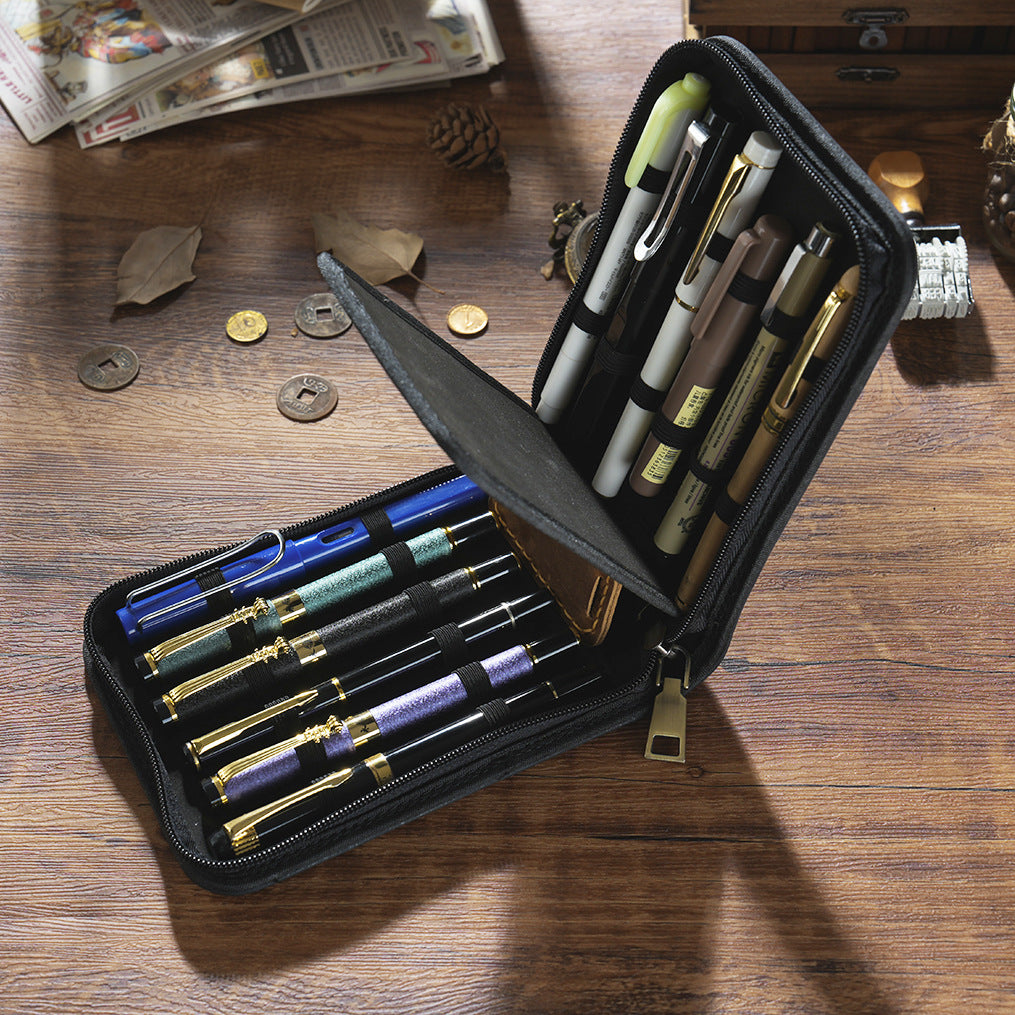 Brown 12-Slot Genuine Crazy Horse Leather Fountain Pen Case - Handcrafted Large Capacity Zippered Pen Organizer & Stationery Pouch