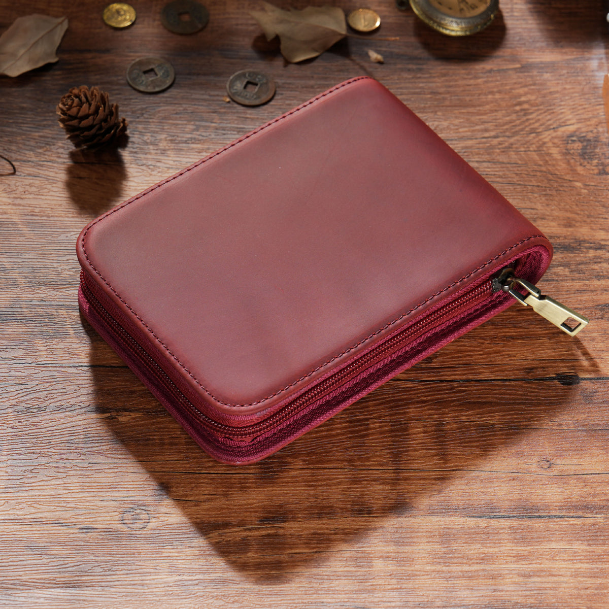Wine Red 12-Slot Genuine Crazy Horse Leather Fountain Pen Case - Handcrafted Large Capacity Zippered Pen Organizer &amp; Stationery Pouch