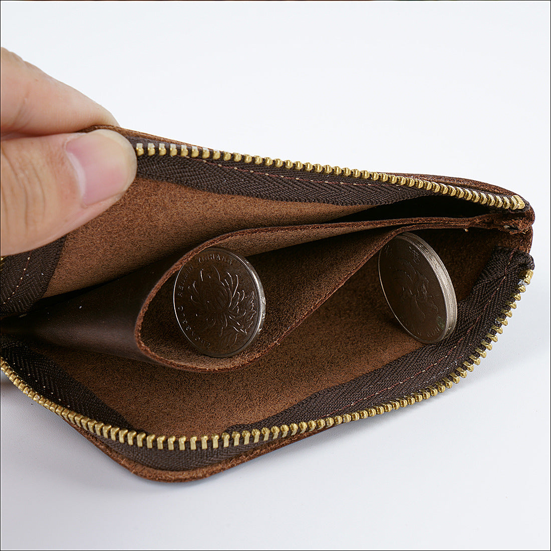 Green Handmade Crazy Horse Leather Wallet Minimalist L-Zip Card Holder Top Layer Cowhide Short Purse with Coin Pocket 12cm Vintage Style