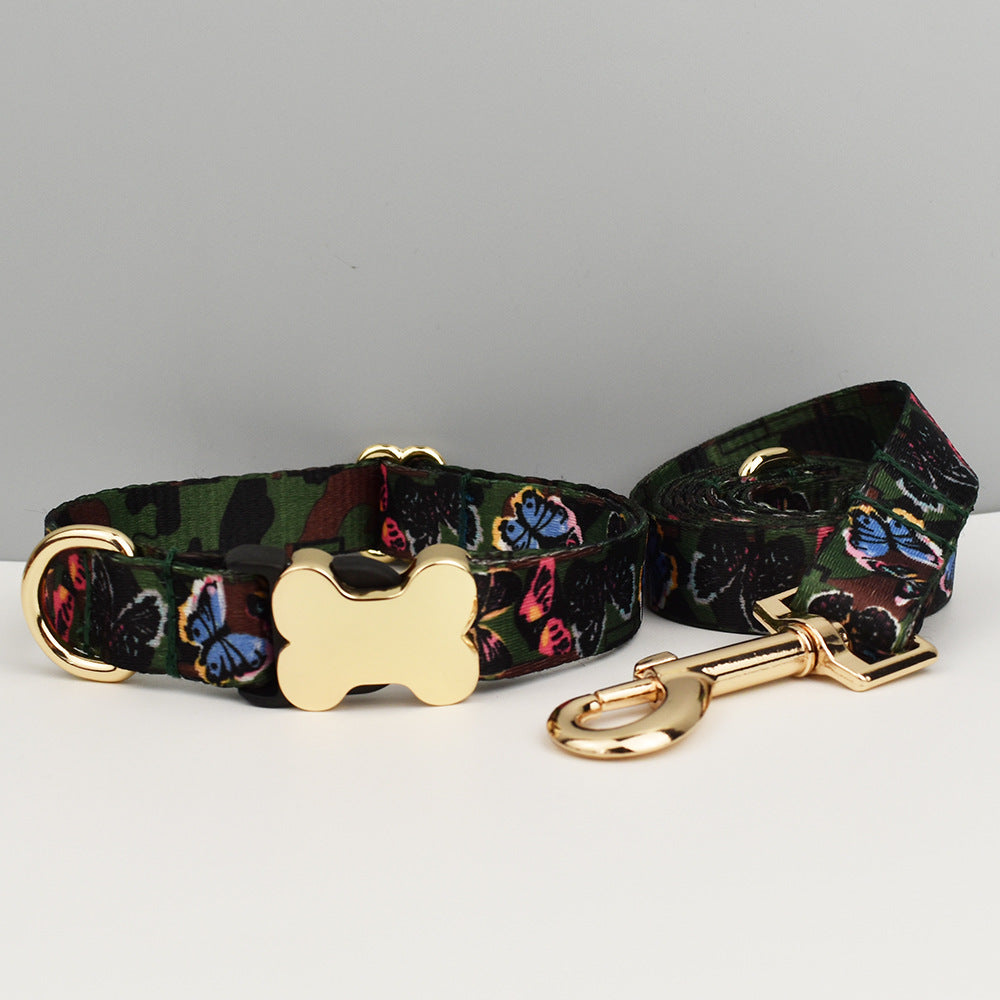 M Butterfly Patterned Dog Collar with Gold Metal Bone Buckle Adjustable Tribal &amp; Leopard Print Neck Strap for Puppies &amp; Dogs