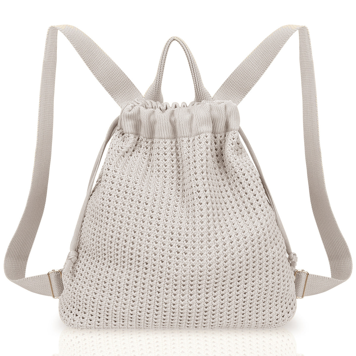 Grey Bohemian Crochet Knit Drawstring Backpack - Hand-Woven Versatile Tote &amp; Shoulder Bag for Vacation, Travel, and Daily Use