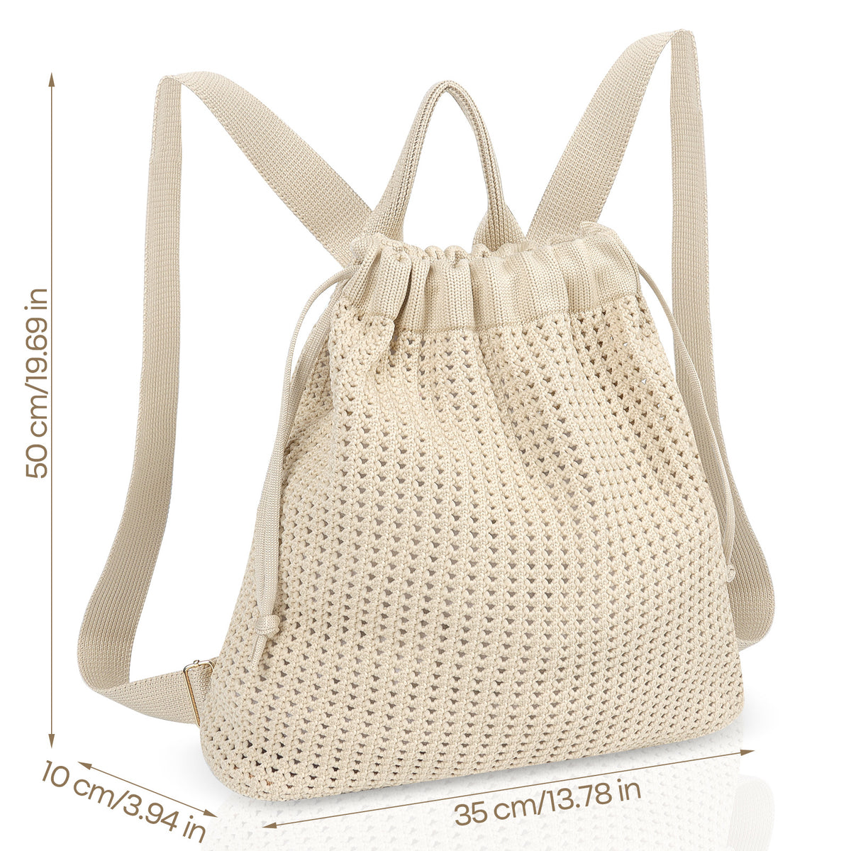 Khaki Bohemian Crochet Knit Drawstring Backpack - Hand-Woven Versatile Tote & Shoulder Bag for Vacation, Travel, and Daily Use