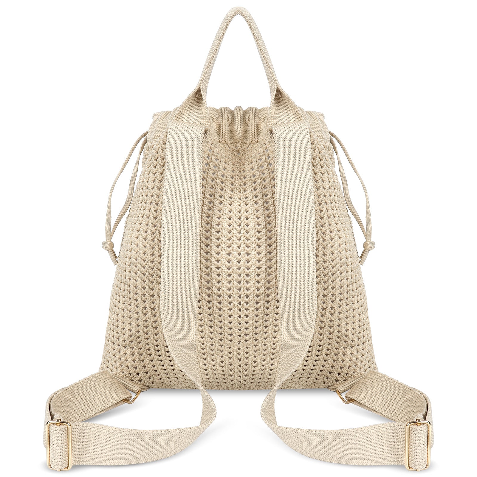 Khaki Bohemian Crochet Knit Drawstring Backpack - Hand-Woven Versatile Tote & Shoulder Bag for Vacation, Travel, and Daily Use