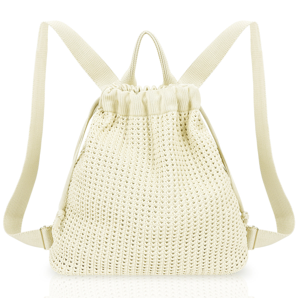 Beige Bohemian Crochet Knit Drawstring Backpack - Hand-Woven Versatile Tote &amp; Shoulder Bag for Vacation, Travel, and Daily Use