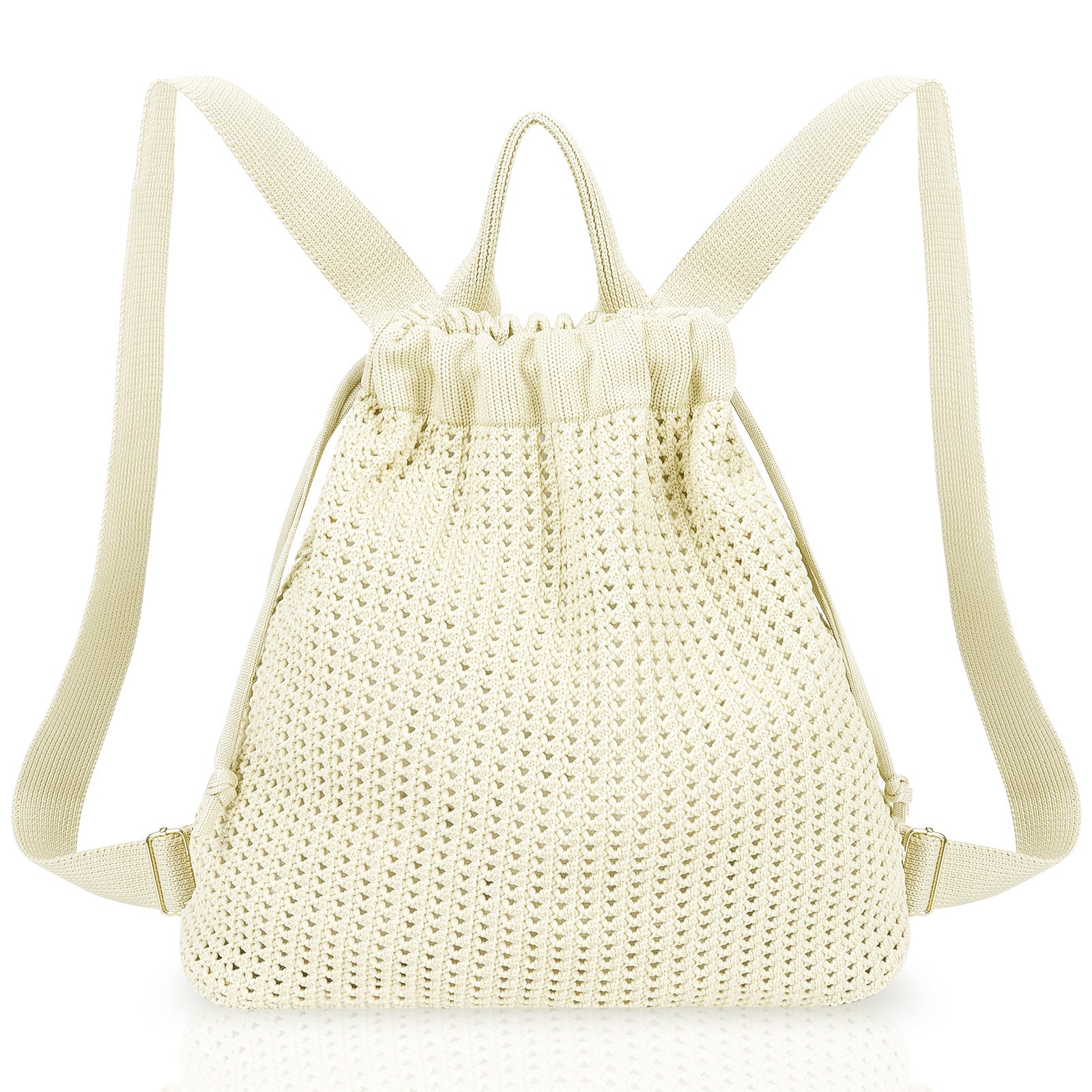 Beige Bohemian Crochet Knit Drawstring Backpack - Hand-Woven Versatile Tote & Shoulder Bag for Vacation, Travel, and Daily Use