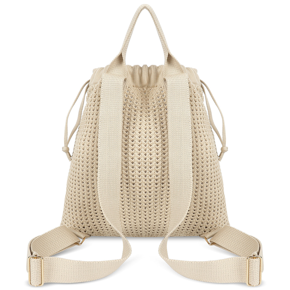 Beige Bohemian Crochet Knit Drawstring Backpack - Hand-Woven Versatile Tote & Shoulder Bag for Vacation, Travel, and Daily Use