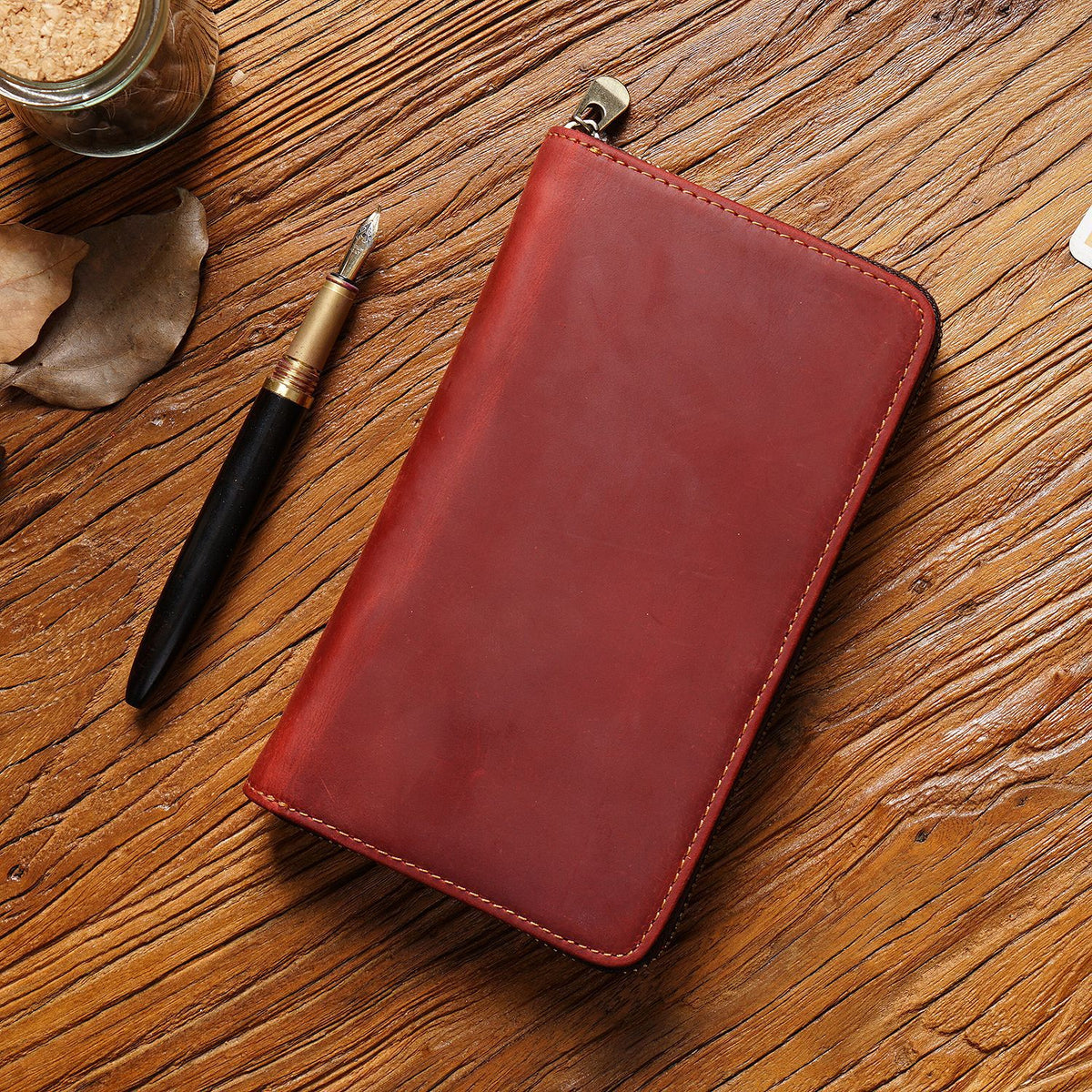 Wine Red Genuine Crazy Horse Leather Fountain Pen Case Zippered Organiser Pouch with 5 Elastic Loops &amp; Mesh Pocket Vintage Stationery Holder