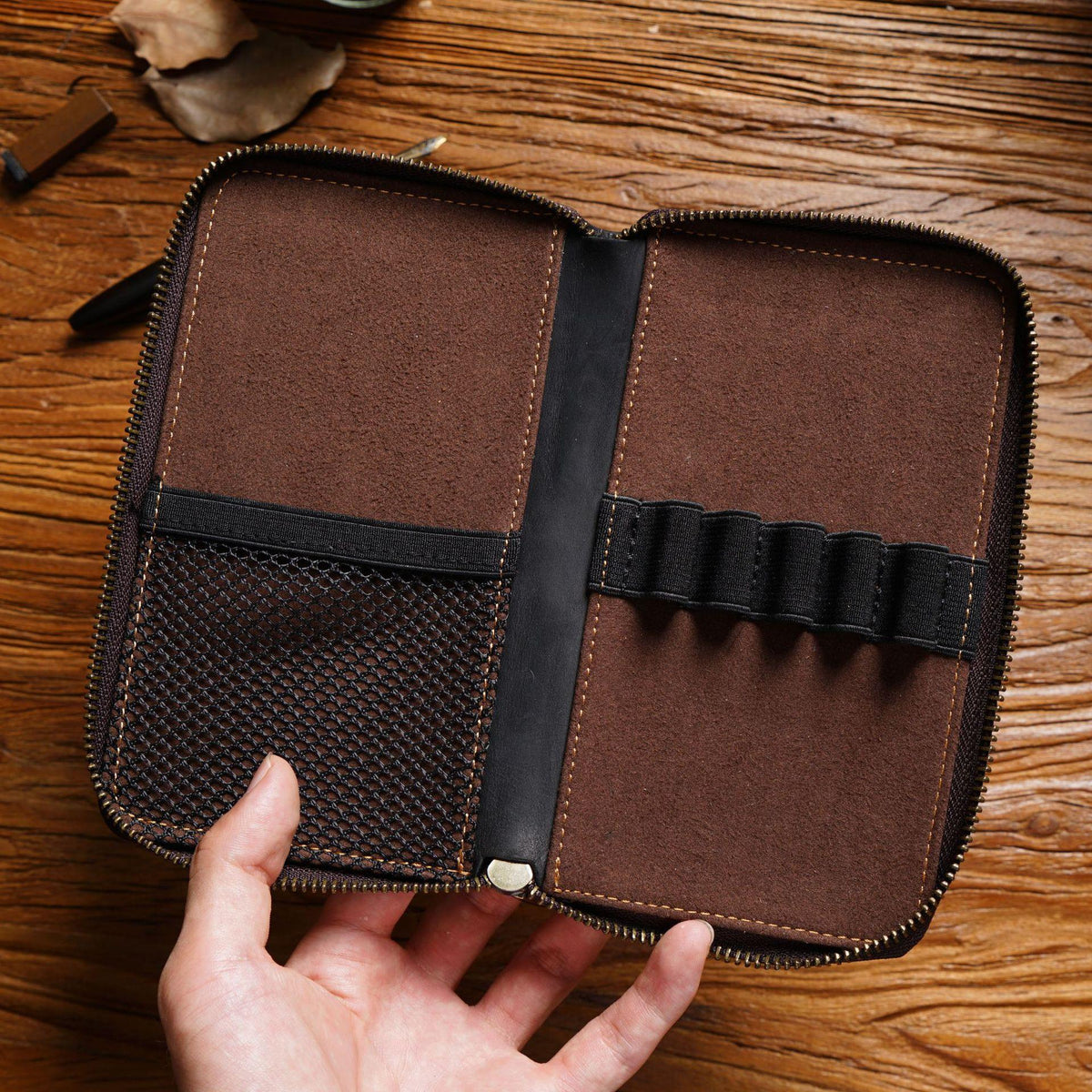 Wine Red Genuine Crazy Horse Leather Fountain Pen Case Zippered Organiser Pouch with 5 Elastic Loops & Mesh Pocket Vintage Stationery Holder