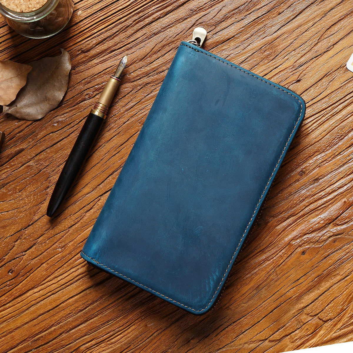 Blue Genuine Crazy Horse Leather Fountain Pen Case Zippered Organiser Pouch with 5 Elastic Loops &amp; Mesh Pocket Vintage Stationery Holder