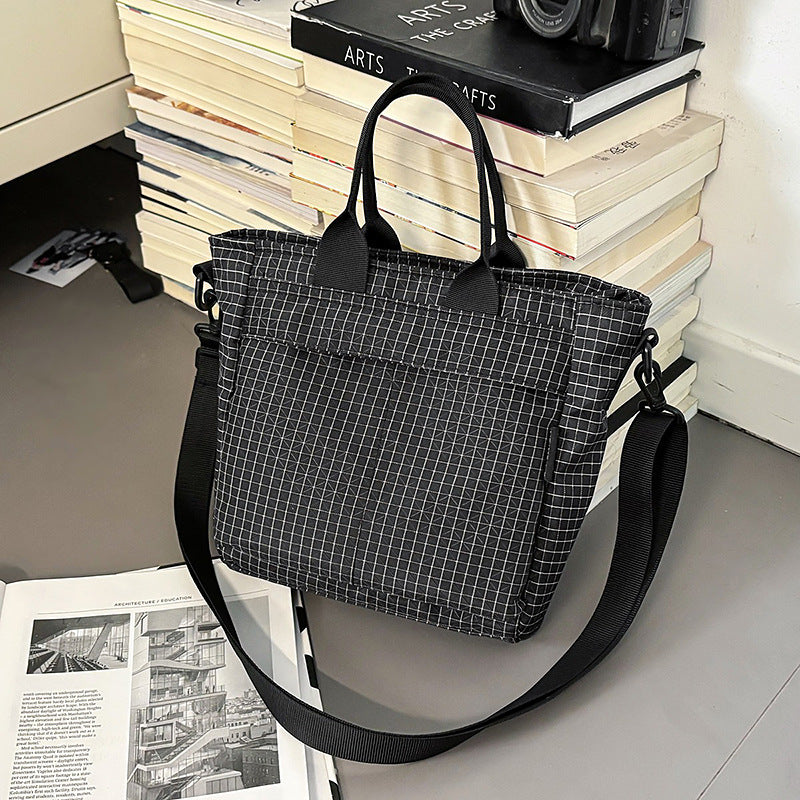 Black Plaid Lightweight Nylon Grid Tote Bag - Versatile Multi-Compartment Shoulder and Crossbody Bag for Daily Commute and Casual Travel