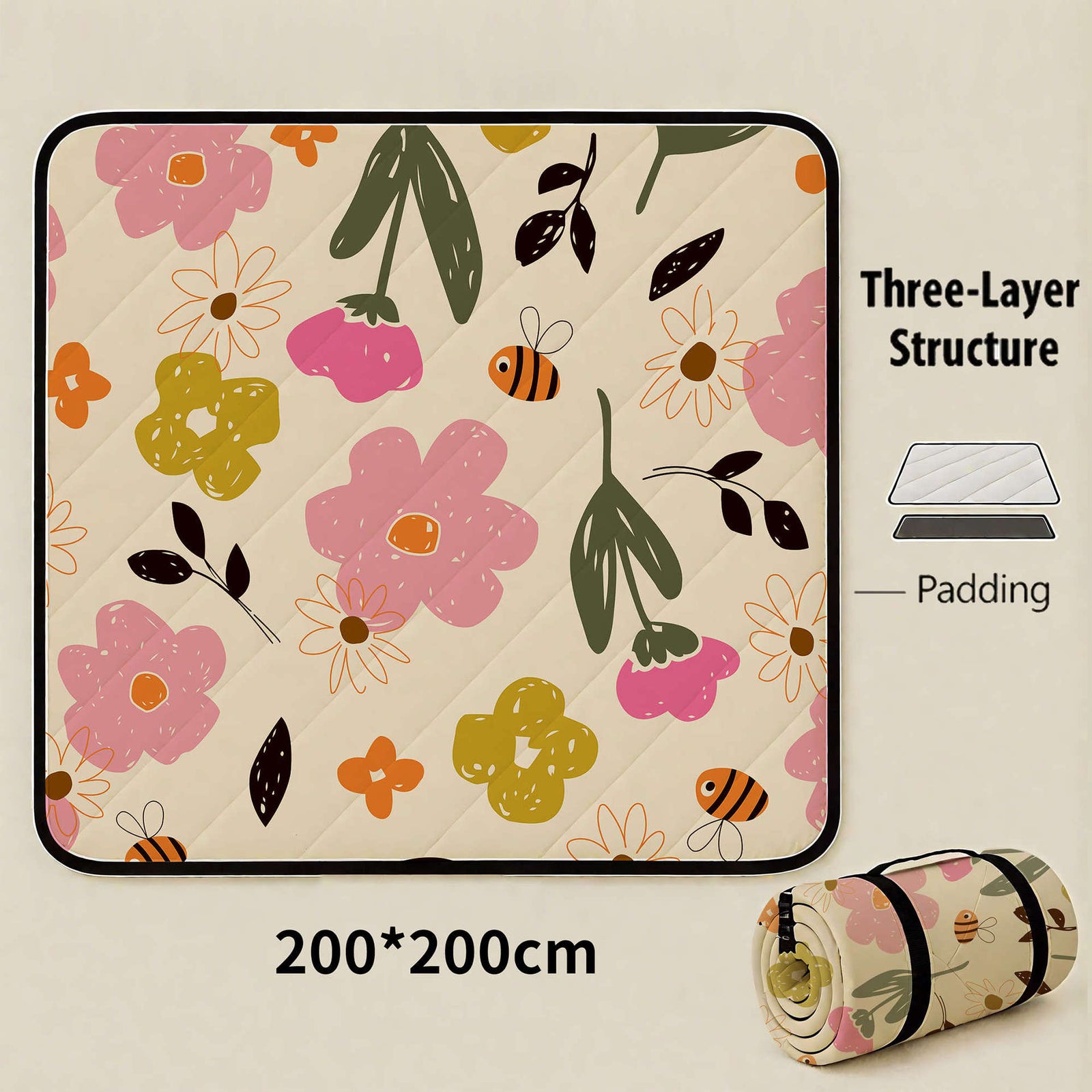 Sea of Bee Flowers Extra Large 200x200cm Waterproof Picnic Mat - Portable Thickened Oxford Cloth Outdoor Camping Blanket for Beach, Parks and Family Outings