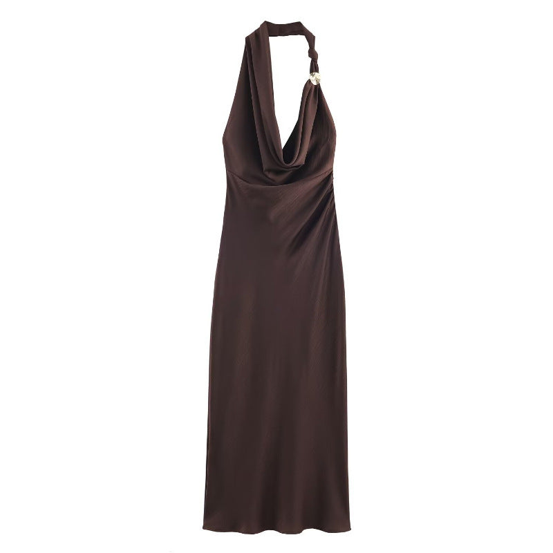 XS Elegant Halter Neck Satin Midi Dress - Sexy Asymmetric Draped Evening Gown with Metal Hardware Accent for Women