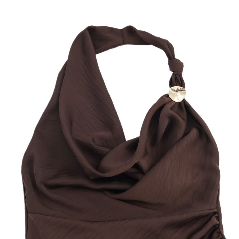 S Elegant Halter Neck Satin Midi Dress - Sexy Asymmetric Draped Evening Gown with Metal Hardware Accent for Women