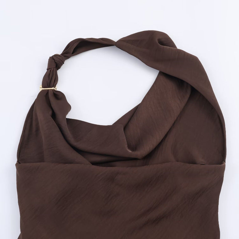 S Elegant Halter Neck Satin Midi Dress - Sexy Asymmetric Draped Evening Gown with Metal Hardware Accent for Women