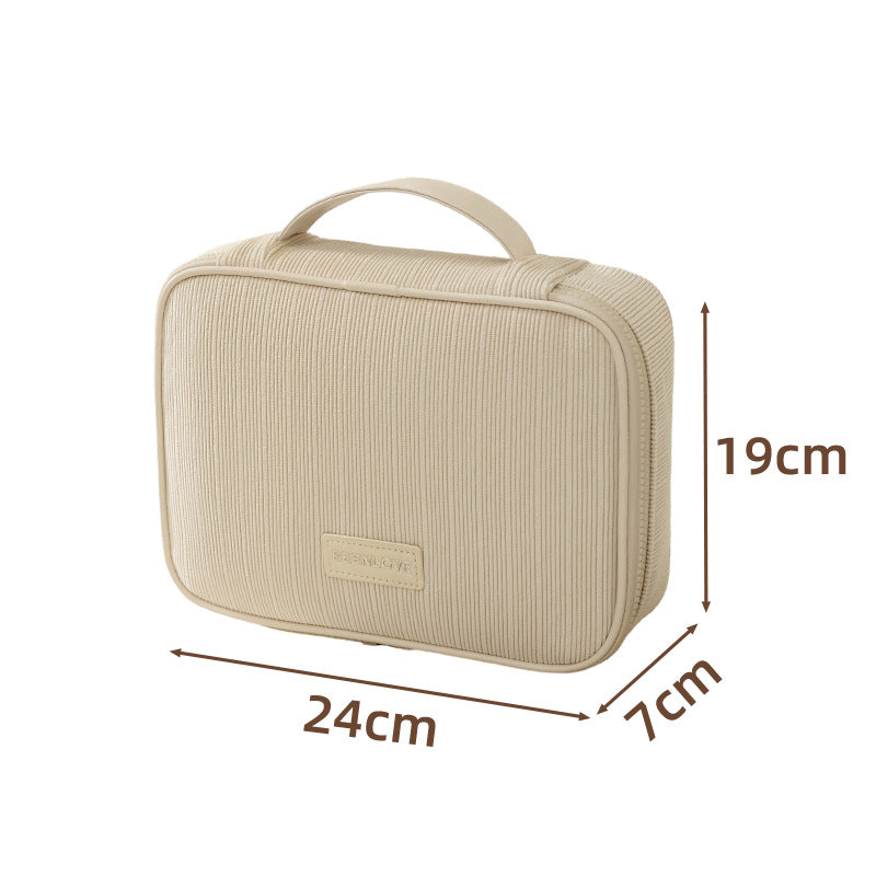 Beige Professional Large Capacity Travel Makeup Bag - Multifunctional Cosmetic Organizer with Dedicated Brush Slots and Portable Handle