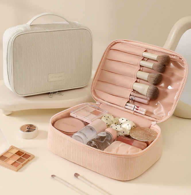 Beige Professional Large Capacity Travel Makeup Bag - Multifunctional Cosmetic Organizer with Dedicated Brush Slots and Portable Handle