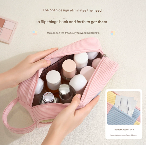 Yellow Trendy Color-Block Corduroy Makeup Bag - Large Capacity Travel Cosmetic Organizer with Easy-Access Wide Opening and Portable Handle