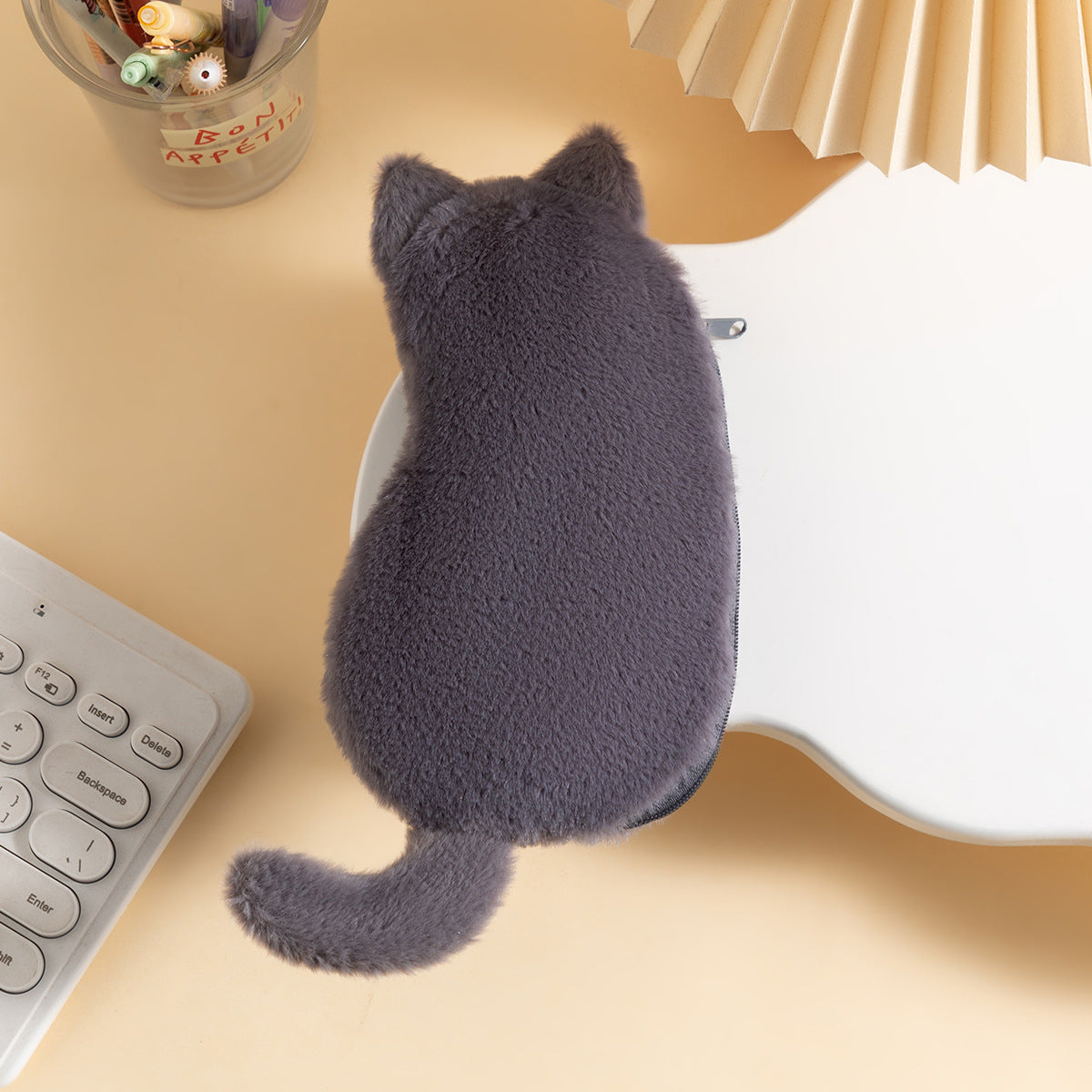 Grey 3-Pack Adorable Plush Cat Pencil Case Set - Large Capacity Kawaii Kitty Shape Stationery Pouch for School, Office and Students