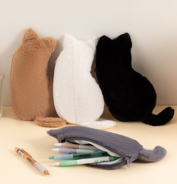 Grey 3-Pack Adorable Plush Cat Pencil Case Set - Large Capacity Kawaii Kitty Shape Stationery Pouch for School, Office and Students