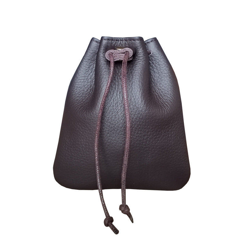 S Coffee Handcrafted Genuine Leather Drawstring Pouch - Vintage Cowhide Coin Purse and Card Organizer - Portable Minimalist Storage Bag