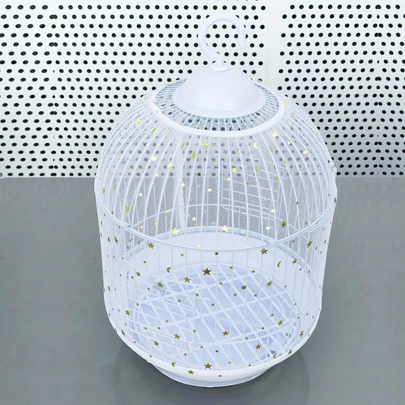 S White Star【Height 17, Circumference 110】 Large Bird Cage Seed Catcher Net Cover - Adjustable Mesh Guard Splash-Proof Dust Cover for Indoor Outdoor Cages