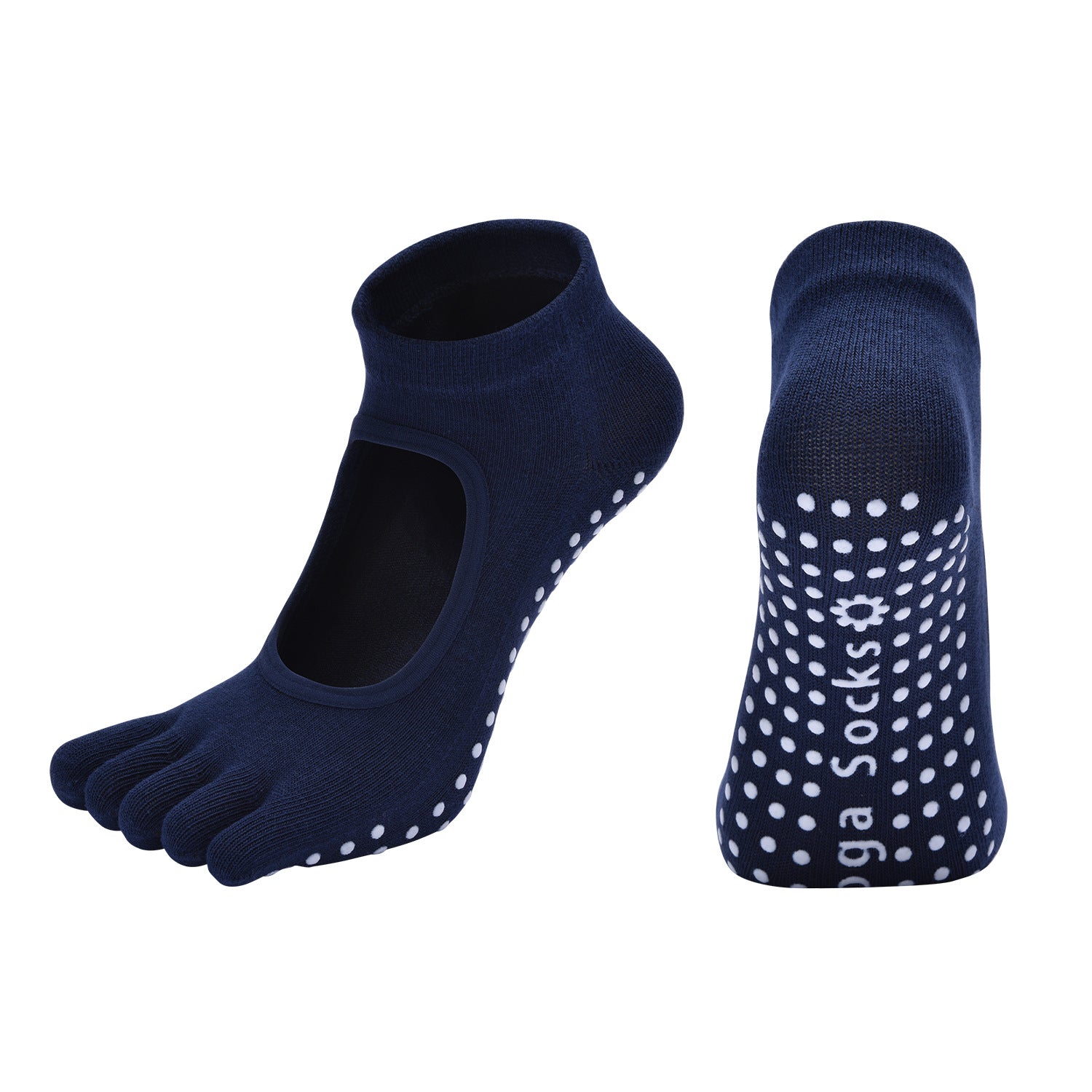 Navy Blue 3-Pack Women's Non-Slip Five-Finger Yoga Socks - Open Back Combed Cotton Pilates & Fitness Grip Socks for Professional Exercise