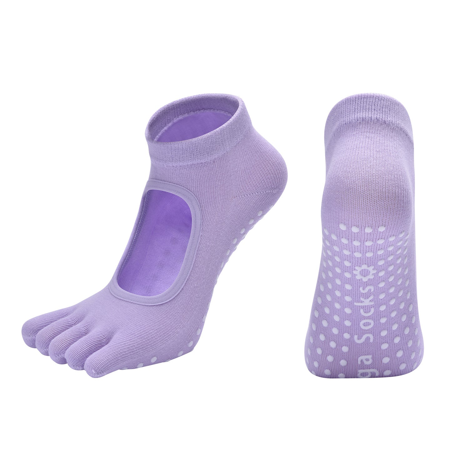 Light Purple 3-Pack Women's Non-Slip Five-Finger Yoga Socks - Open Back Combed Cotton Pilates & Fitness Grip Socks for Professional Exercise