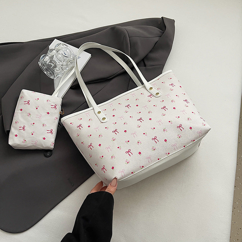 White Large Capacity Daily Commuter Tote Bag Set | Versatile Shoulder Handbag with Matching Pouch | 38cm Length Casual Carryall