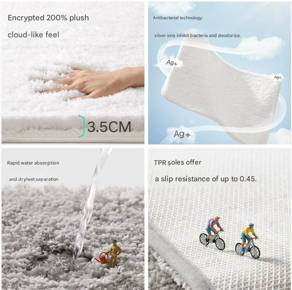 Light Grey 40*60cm Luxury 3.5cm Shag Bath Mat | Silver Ion Antibacterial Technology | Quick Dry Non-Slip TPR Bathroom Rug