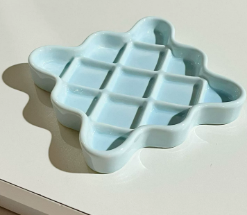 Blue Ceramic Slow Feeder Licking Plate for Cats and Dogs | Raised Anti-Choking Grid Design | 11.5 cm Durable Pet Dish