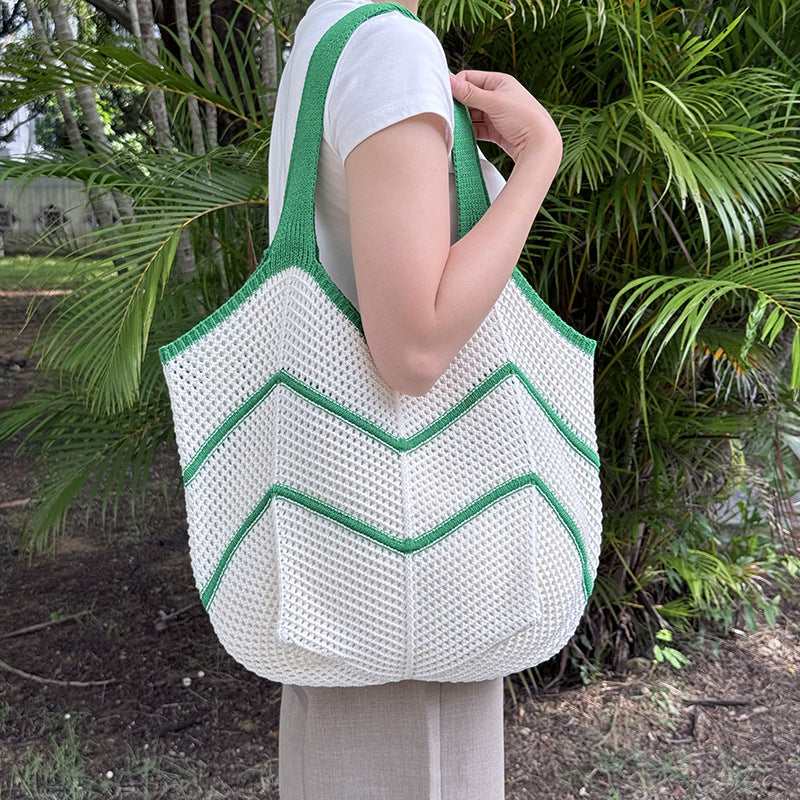 Green Bohemian Chic Knit Tote Bag | Large Capacity Chevron Weave Shoulder Bag | Fashionable Casual Mesh Carryall