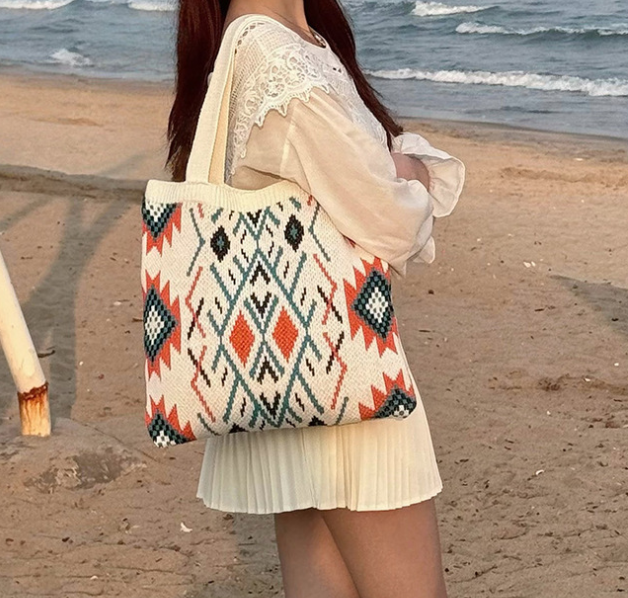 Beige Bohemian Tribal Print Knit Tote Bag | Large Capacity Woven Style Handbag | Fashion Ethnic Shoulder Carryall