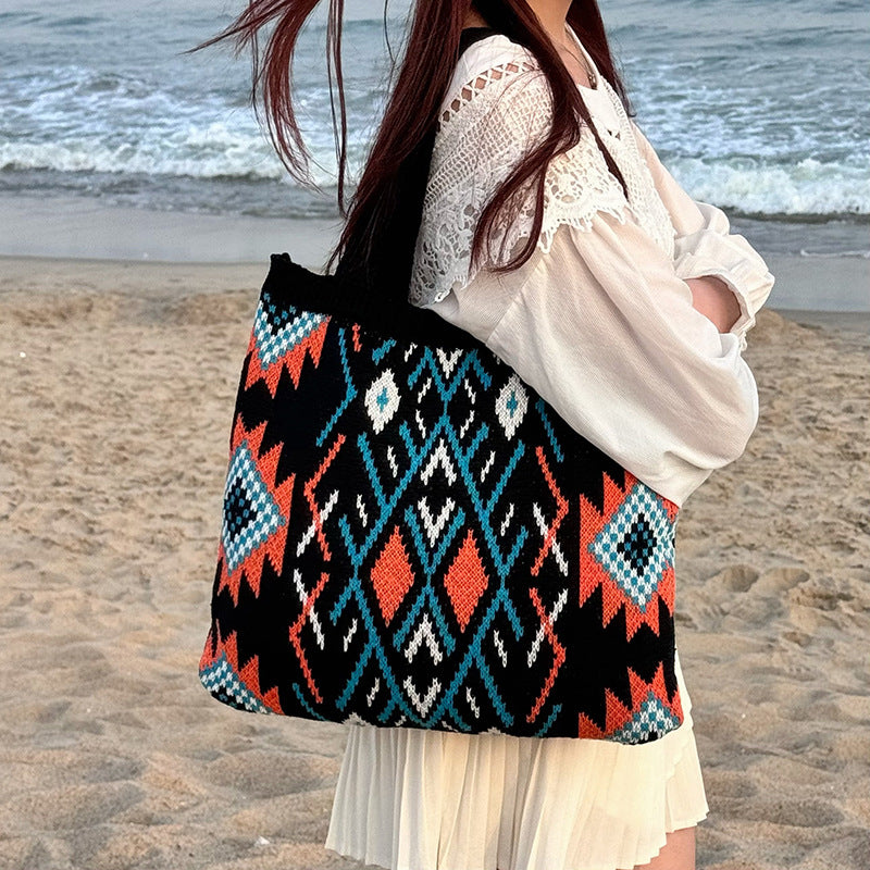 Black Bohemian Tribal Print Knit Tote Bag | Large Capacity Woven Style Handbag | Fashion Ethnic Shoulder Carryall