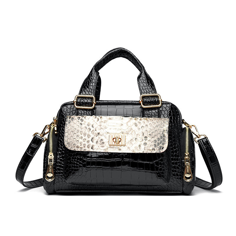 Black Luxurious Patterned Handbag | Structured Top Handle Shoulder Bag | Fashion Trend High-Gloss Tote