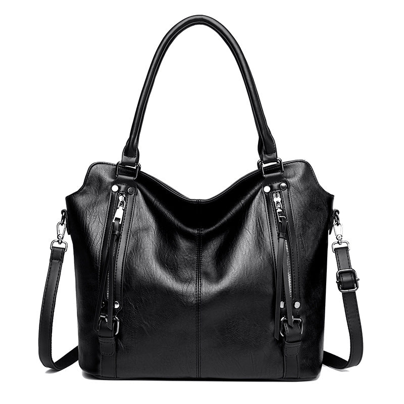 Black Vintage Soft PU Leather Tote Bag | Large Capacity Multi-Pocket Handbag | Convertible Shoulder &amp; Crossbody Bag