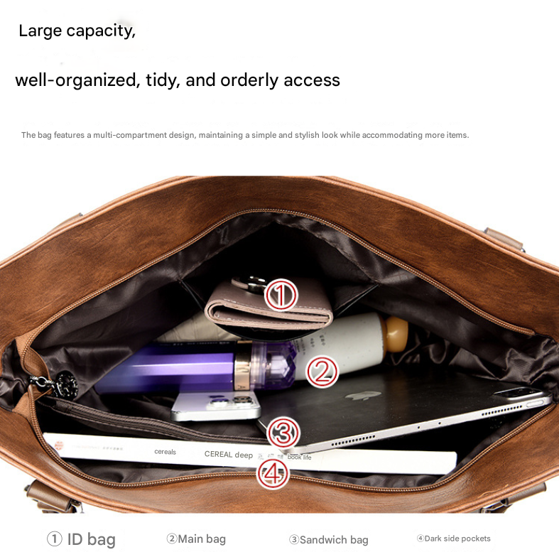 Black Vintage Soft PU Leather Tote Bag | Large Capacity Multi-Pocket Handbag | Convertible Shoulder & Crossbody Bag