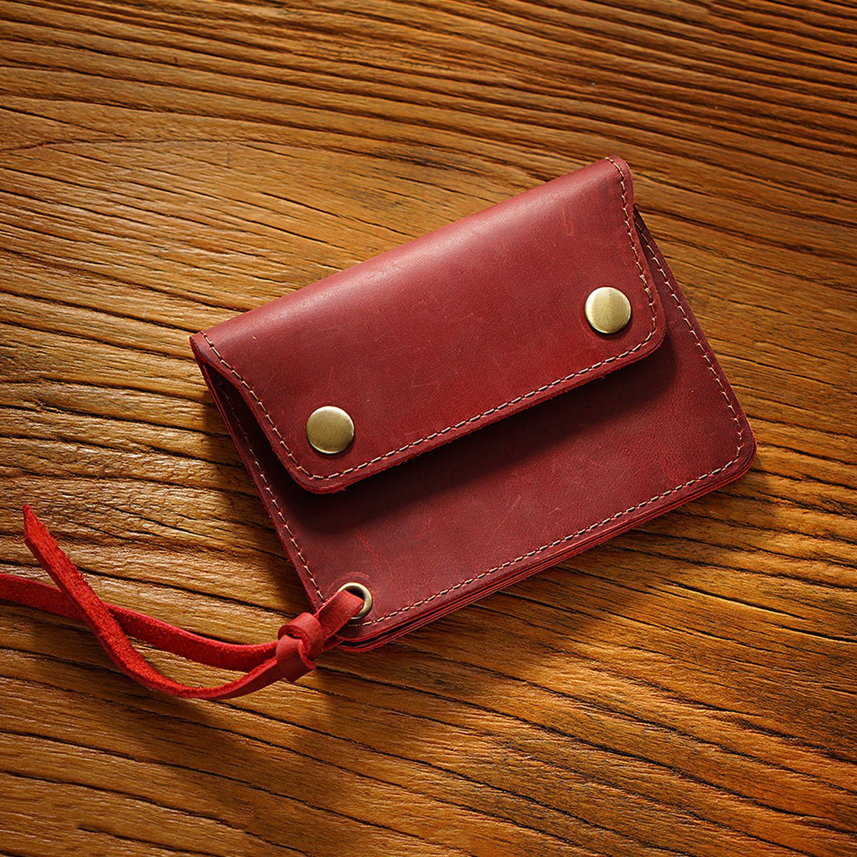 Wine Red Handmade Crazy Horse Leather Wallet Vintage Coin Purse Zipper Card Holder with Strap Snap Closure Top Layer Cowhide 12cm
