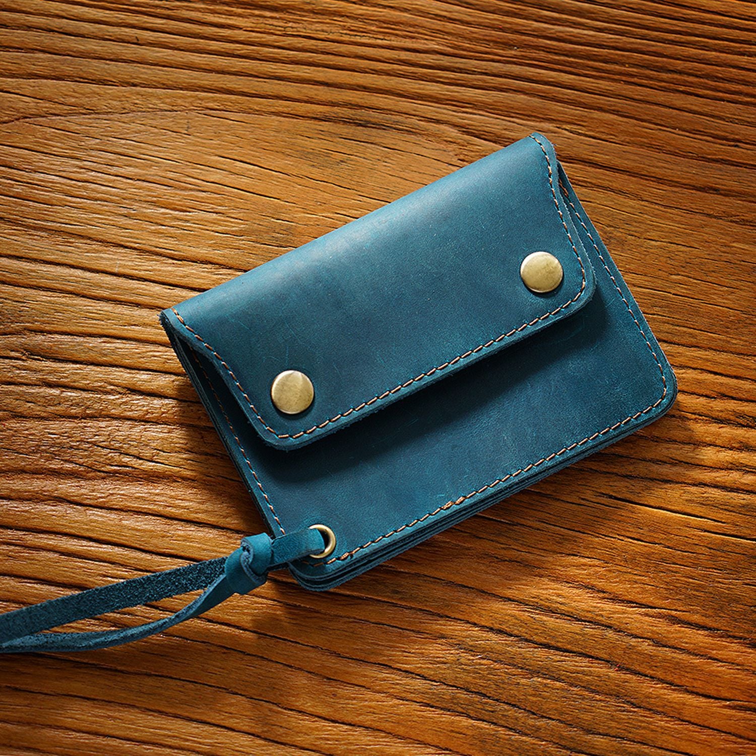 Blue Handmade Crazy Horse Leather Wallet Vintage Coin Purse Zipper Card Holder with Strap Snap Closure Top Layer Cowhide 12cm
